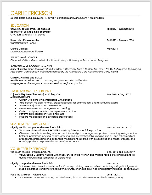 PA School Applicant and Pre-PA Resume Template | The Physician ...